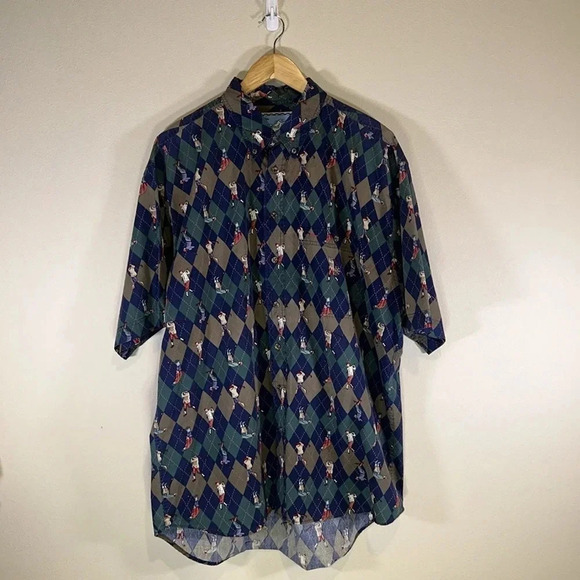 Vintage Argyle Golf Print Button Front Cotton Short Sleeve Shirt Size 2XT Casual - Picture 6 of 6